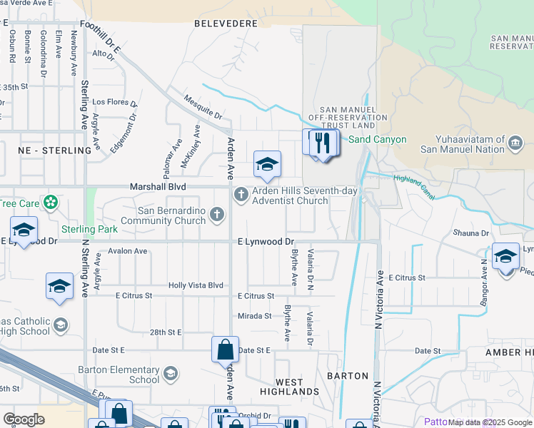 map of restaurants, bars, coffee shops, grocery stores, and more near 2501 Marshall Boulevard in Highland
