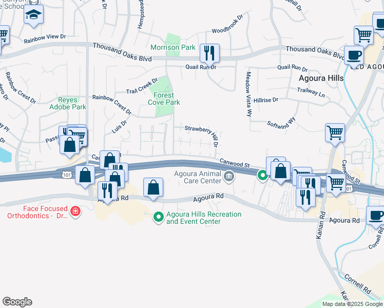 map of restaurants, bars, coffee shops, grocery stores, and more near 29701 Canwood Street in Agoura Hills