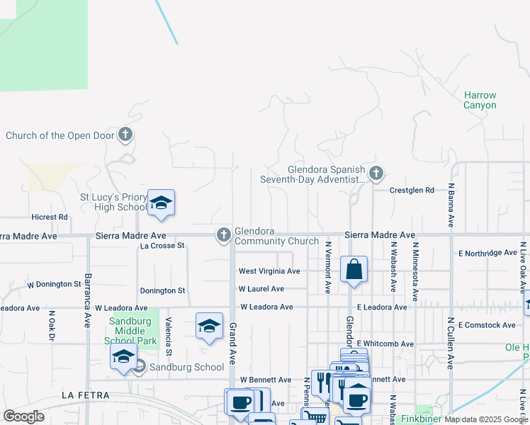 map of restaurants, bars, coffee shops, grocery stores, and more near 739 Rainbow Drive in Glendora