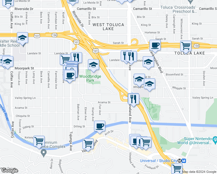 map of restaurants, bars, coffee shops, grocery stores, and more near 11153 Valley Spring Place in Los Angeles