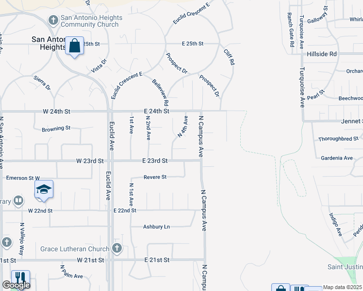 map of restaurants, bars, coffee shops, grocery stores, and more near 477 Paxton Court in Upland