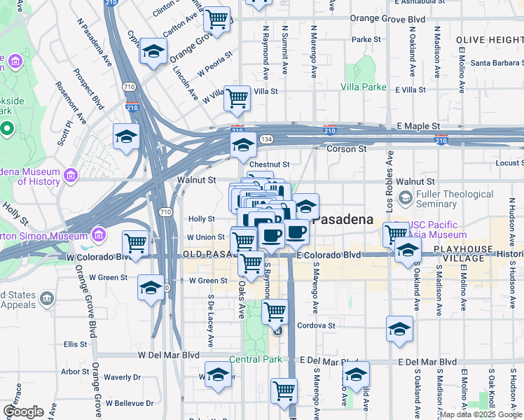map of restaurants, bars, coffee shops, grocery stores, and more near 93 North Raymond Avenue in Pasadena