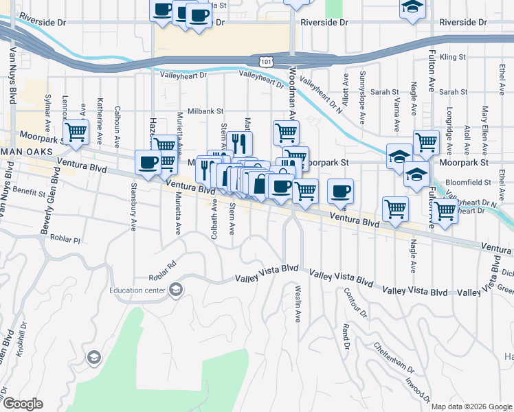 map of restaurants, bars, coffee shops, grocery stores, and more near 4233 Matilija Avenue in Los Angeles