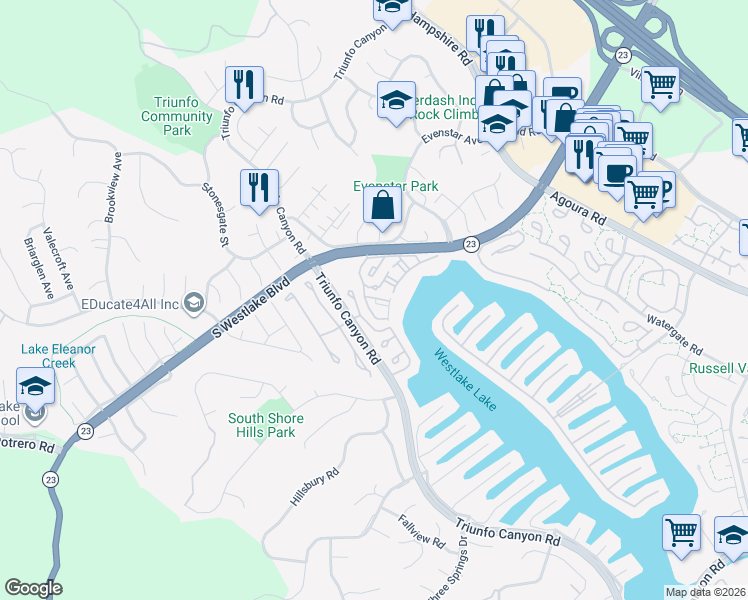 map of restaurants, bars, coffee shops, grocery stores, and more near 1234 South Westlake Boulevard in Westlake Village