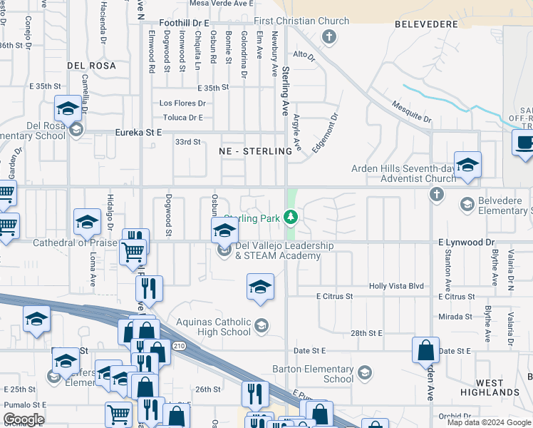 map of restaurants, bars, coffee shops, grocery stores, and more near 1974 East Lynwood Drive in San Bernardino