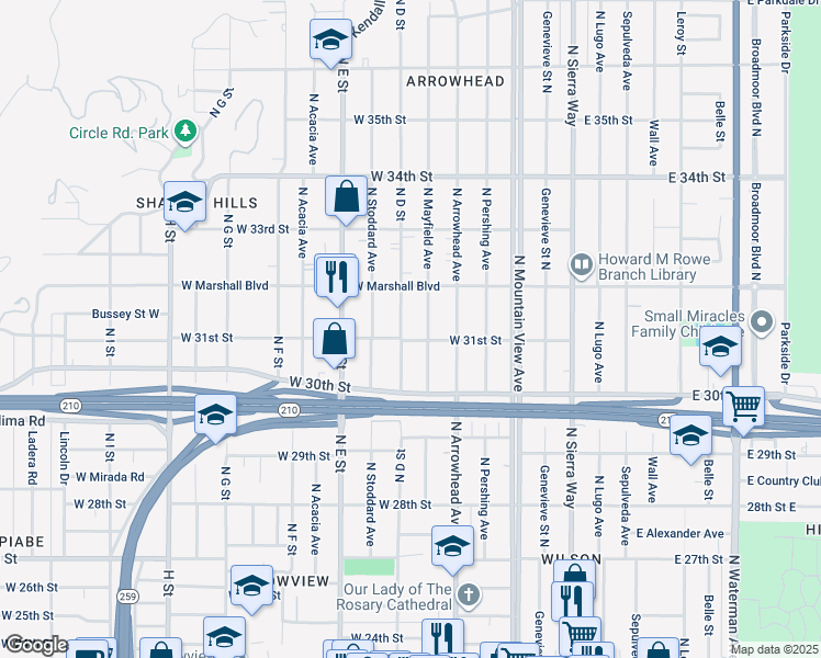 map of restaurants, bars, coffee shops, grocery stores, and more near 3088 North Mayfield Avenue in San Bernardino