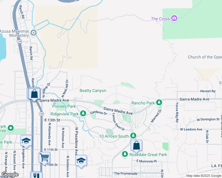 map of restaurants, bars, coffee shops, grocery stores, and more near 663 Orange Blossom Way in Glendora