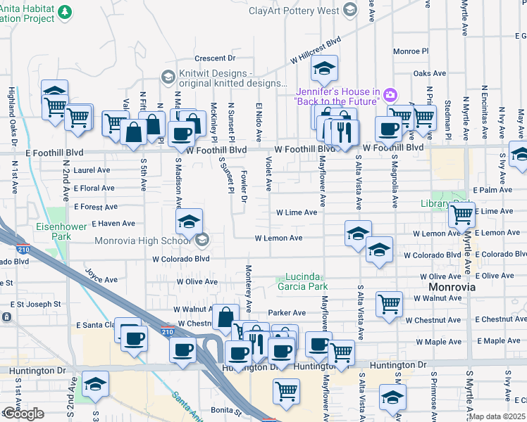 map of restaurants, bars, coffee shops, grocery stores, and more near 725 West Lemon Avenue in Monrovia