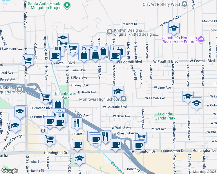 map of restaurants, bars, coffee shops, grocery stores, and more near 337 South Lincoln Place in Monrovia