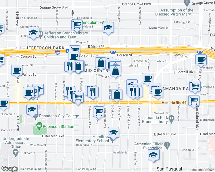 map of restaurants, bars, coffee shops, grocery stores, and more near 78 North San Marino Avenue in Pasadena