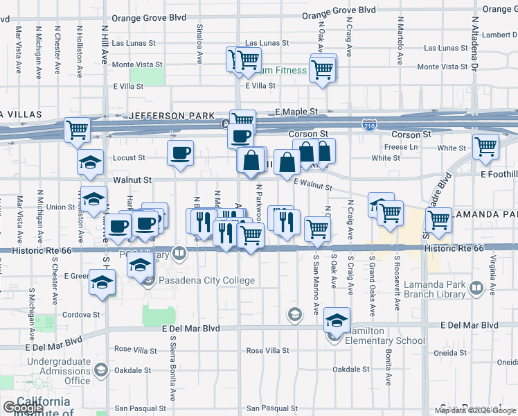 map of restaurants, bars, coffee shops, grocery stores, and more near 74 North Parkwood Avenue in Pasadena