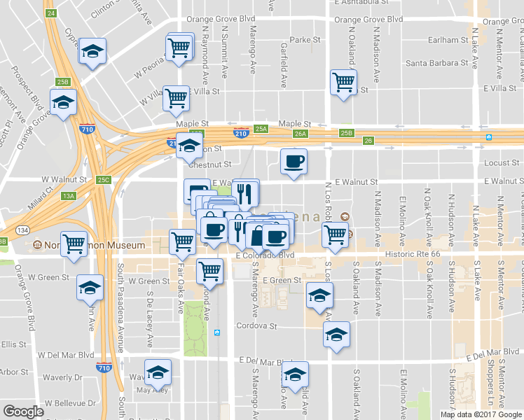 map of restaurants, bars, coffee shops, grocery stores, and more near 75 North Marengo Avenue in Pasadena