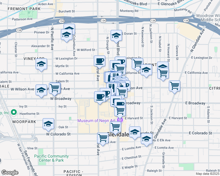map of restaurants, bars, coffee shops, grocery stores, and more near 101 North Brand Boulevard in Glendale