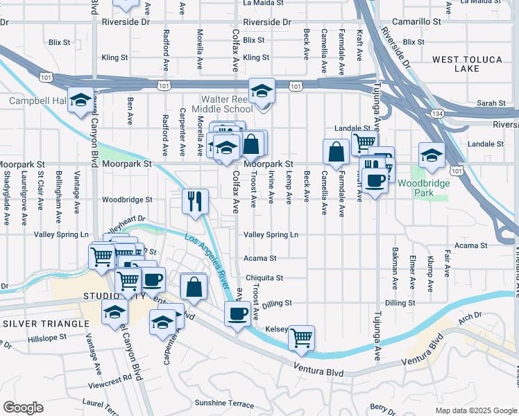 map of restaurants, bars, coffee shops, grocery stores, and more near 4303 Irvine Avenue in Los Angeles