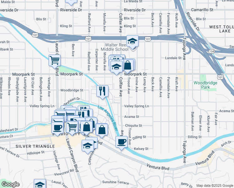 map of restaurants, bars, coffee shops, grocery stores, and more near 11792 Moorpark Street in Los Angeles