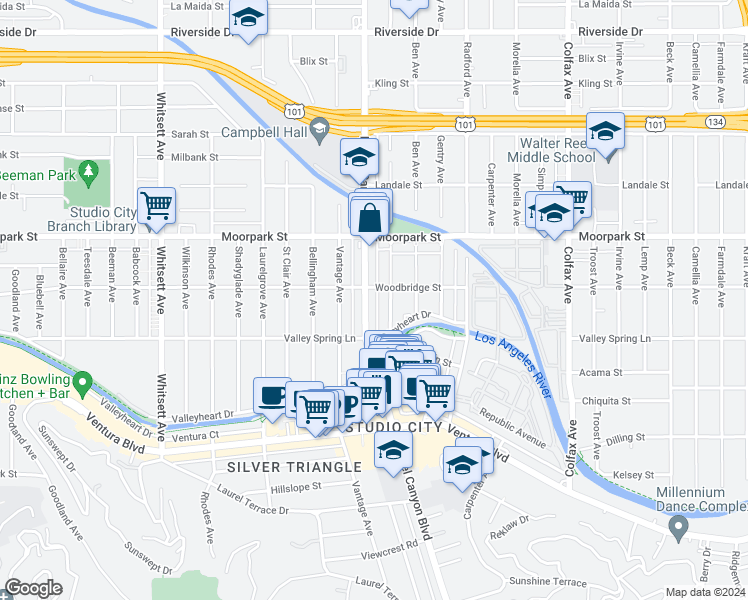 map of restaurants, bars, coffee shops, grocery stores, and more near 4211 Laurel Canyon Boulevard in Los Angeles