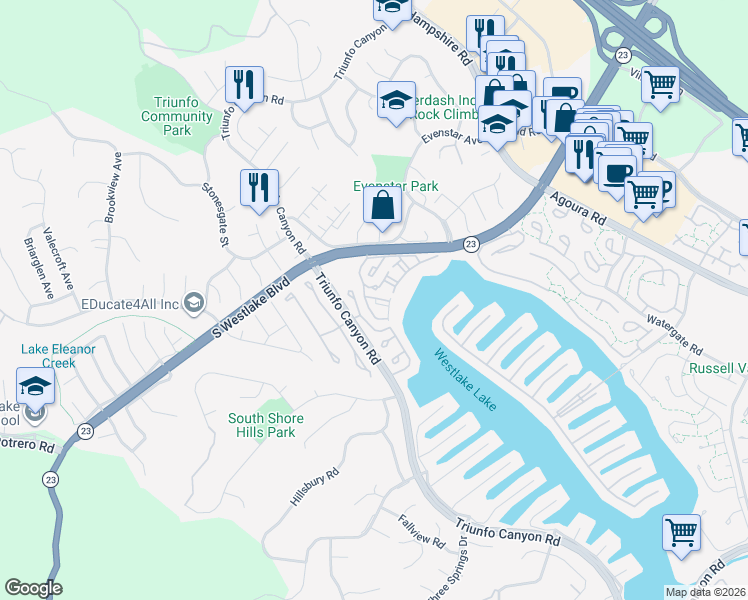 map of restaurants, bars, coffee shops, grocery stores, and more near 1234 South Westlake Boulevard in Westlake Village