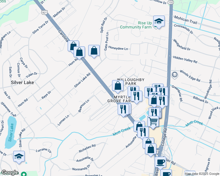map of restaurants, bars, coffee shops, grocery stores, and more near 1422 Willoughby Park Court in Wilmington