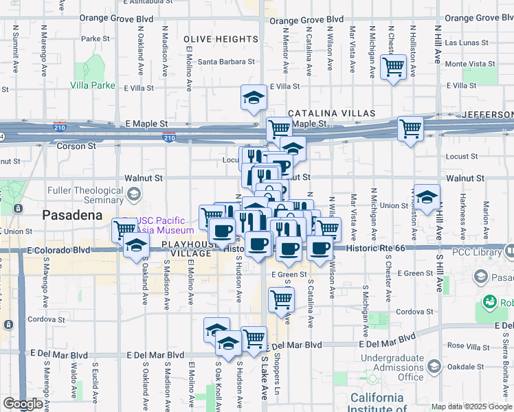 map of restaurants, bars, coffee shops, grocery stores, and more near in Pasadena