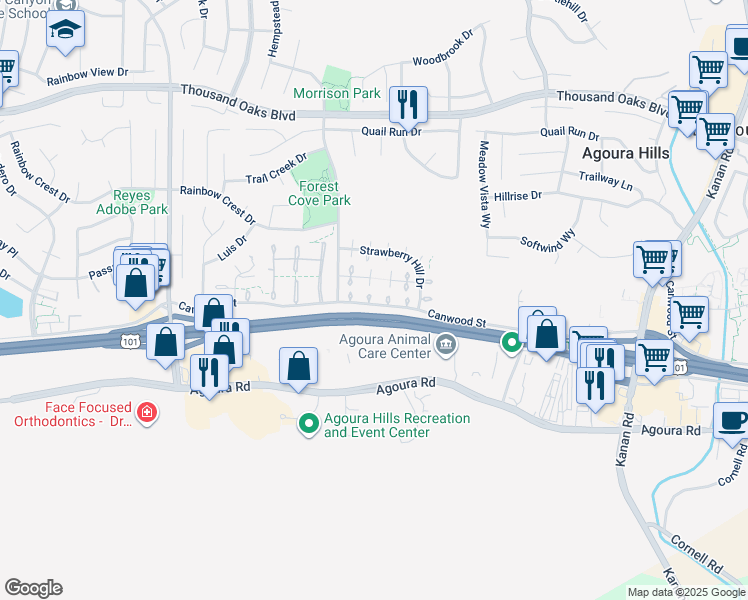 map of restaurants, bars, coffee shops, grocery stores, and more near 29701 Canwood Street in Agoura Hills