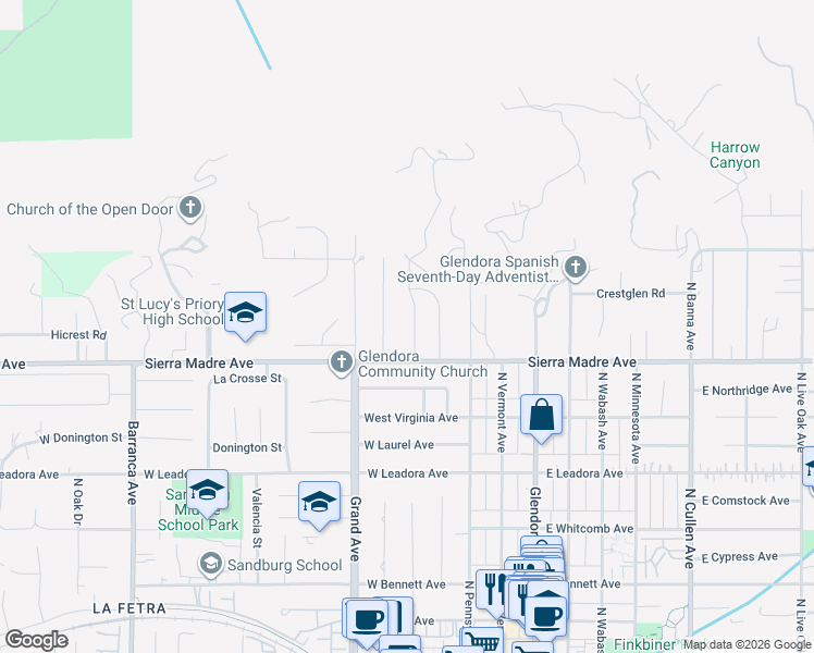 map of restaurants, bars, coffee shops, grocery stores, and more near 739 Rainbow Drive in Glendora