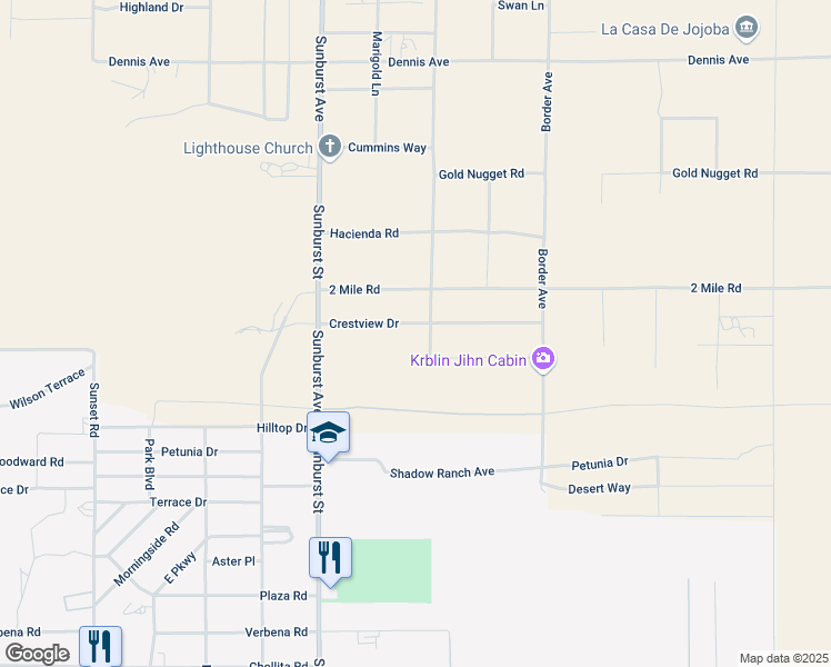 map of restaurants, bars, coffee shops, grocery stores, and more near 62239 Crestview Drive in Joshua Tree