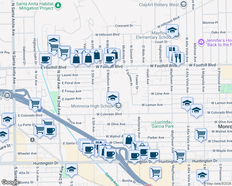 map of restaurants, bars, coffee shops, grocery stores, and more near 845 West Colorado Boulevard in Monrovia
