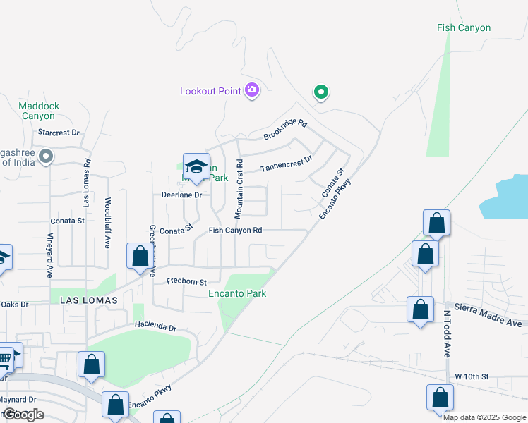 map of restaurants, bars, coffee shops, grocery stores, and more near 3247 Conata Street in Duarte