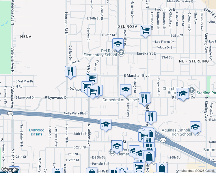 map of restaurants, bars, coffee shops, grocery stores, and more near 1315 East Marshall Boulevard in San Bernardino