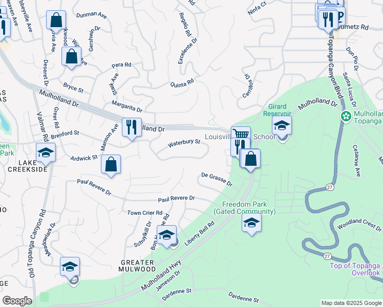 map of restaurants, bars, coffee shops, grocery stores, and more near 22560 Flamingo Street in Los Angeles