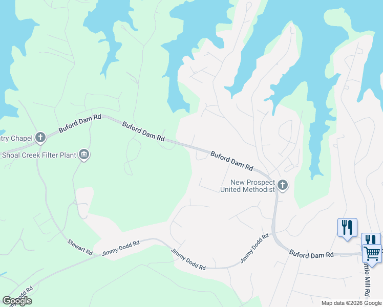 map of restaurants, bars, coffee shops, grocery stores, and more near 1915 Buford Dam Road in Sugar Hill