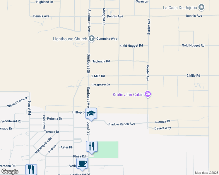 map of restaurants, bars, coffee shops, grocery stores, and more near 62239 Crestview Drive in Joshua Tree