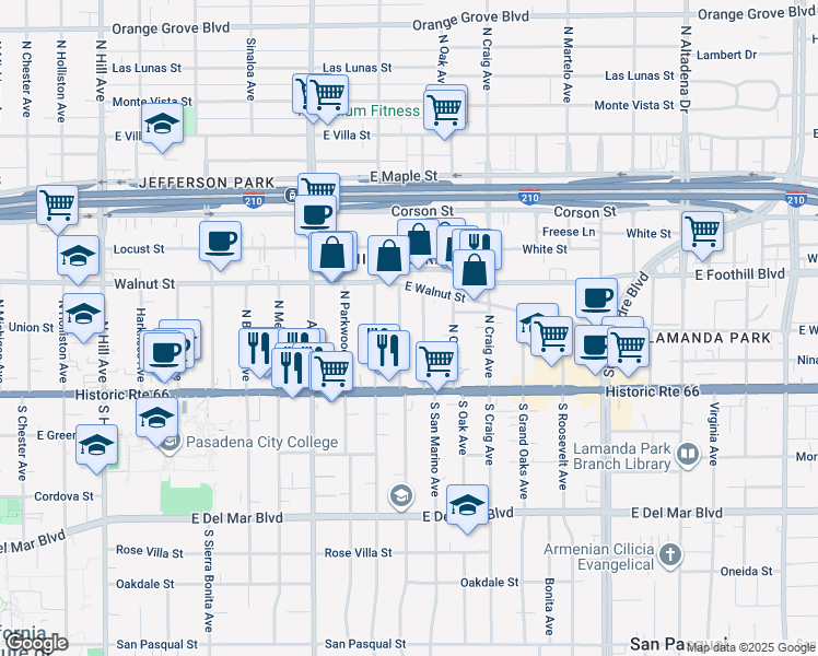 map of restaurants, bars, coffee shops, grocery stores, and more near North Berkeley Avenue in Pasadena
