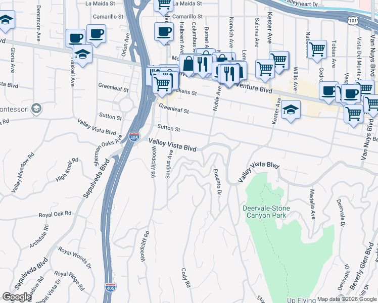 map of restaurants, bars, coffee shops, grocery stores, and more near 15204 Valley Vista Boulevard in Los Angeles
