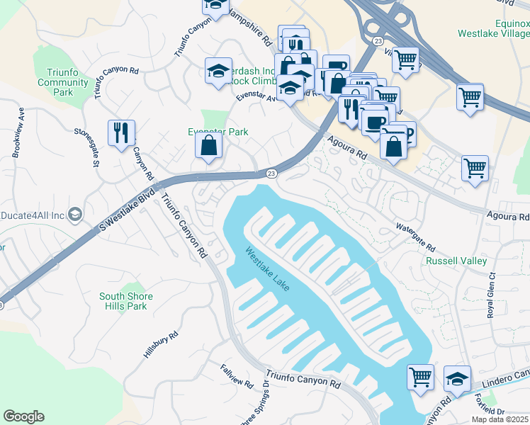 map of restaurants, bars, coffee shops, grocery stores, and more near 1275 Westwind Circle in Westlake Village