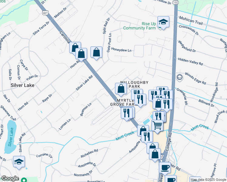 map of restaurants, bars, coffee shops, grocery stores, and more near 1422 Willoughby Park Court in Wilmington