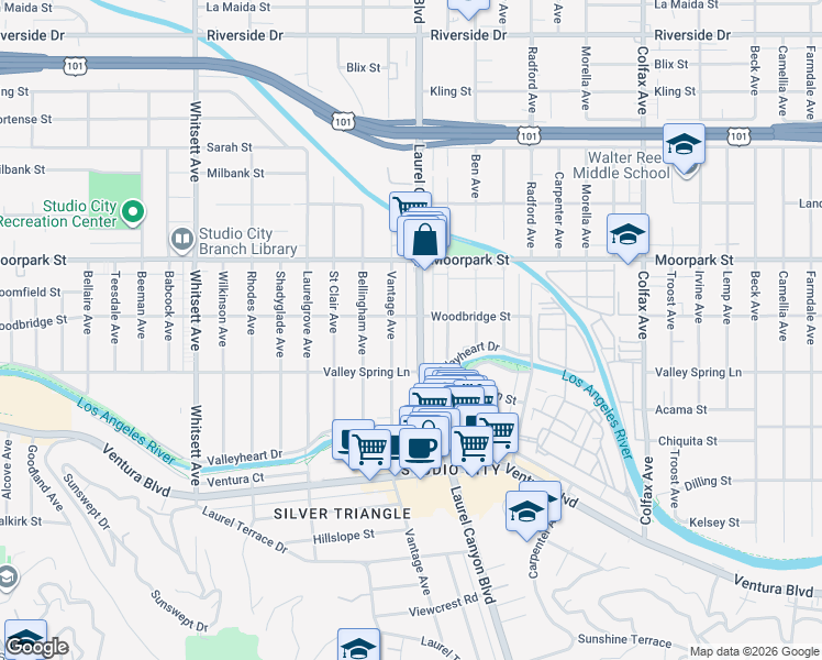 map of restaurants, bars, coffee shops, grocery stores, and more near 4211 Laurel Canyon Boulevard in Los Angeles