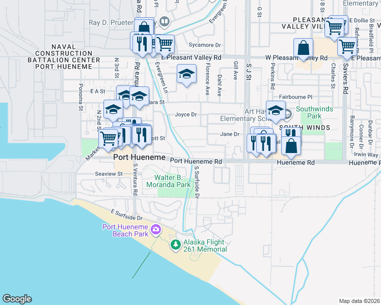 map of restaurants, bars, coffee shops, grocery stores, and more near 192 North Surfside Drive in Port Hueneme