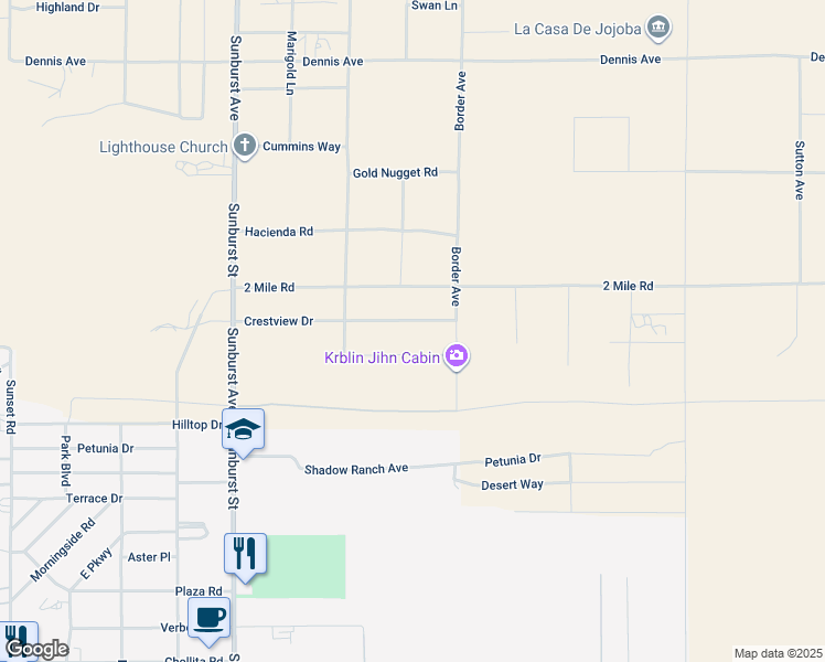 map of restaurants, bars, coffee shops, grocery stores, and more near 62423 Crestview Drive in Joshua Tree