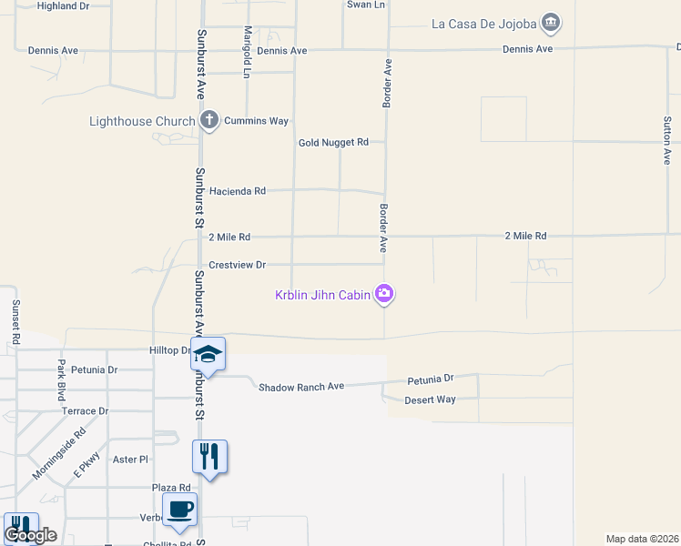 map of restaurants, bars, coffee shops, grocery stores, and more near 62407 Crestview Drive in Joshua Tree
