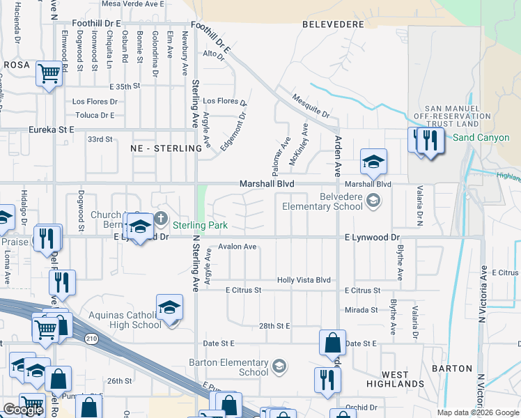 map of restaurants, bars, coffee shops, grocery stores, and more near 2170 Basswood Court in San Bernardino