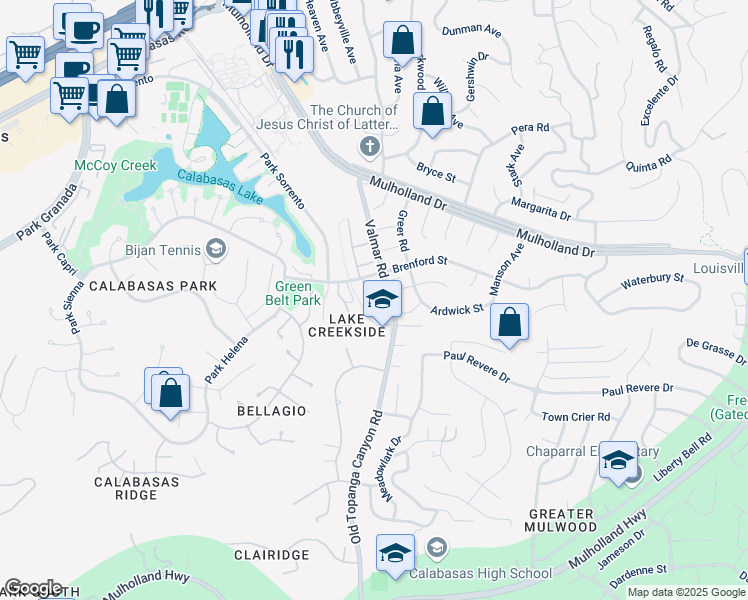 map of restaurants, bars, coffee shops, grocery stores, and more near 23043 Park Este in Calabasas