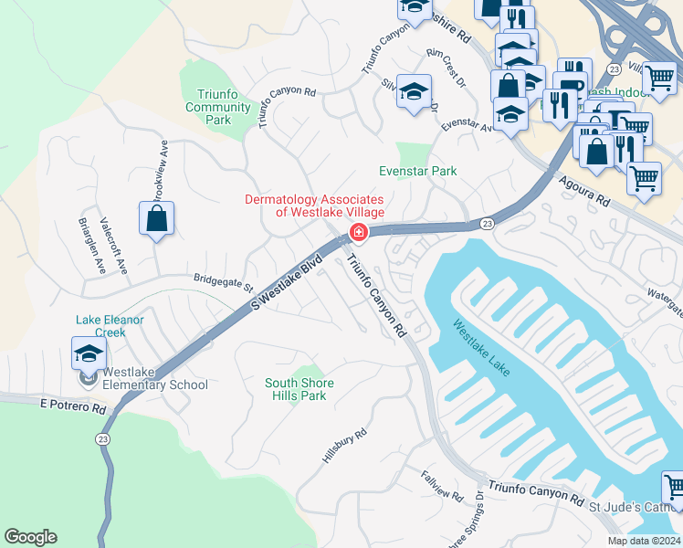 map of restaurants, bars, coffee shops, grocery stores, and more near 2130 Portola Lane in Westlake Village