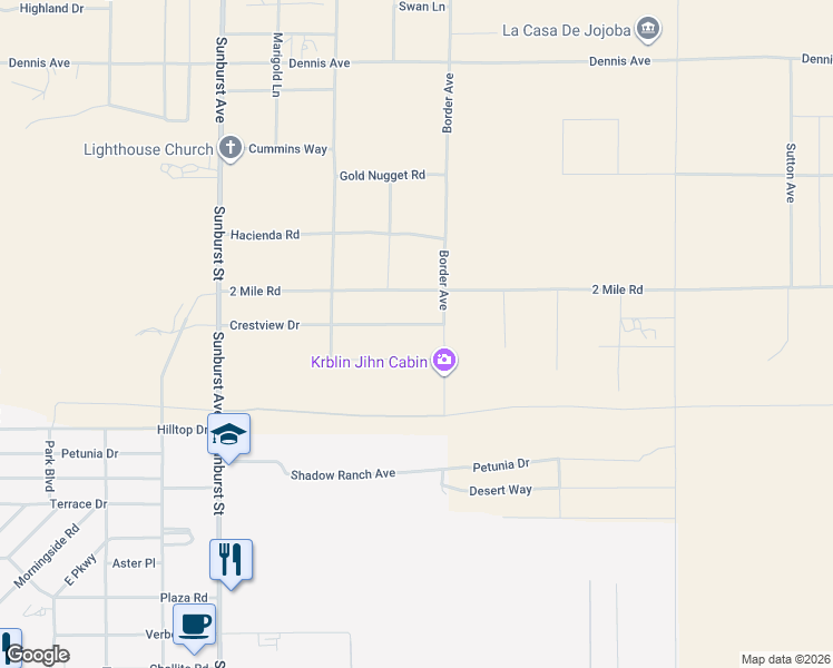 map of restaurants, bars, coffee shops, grocery stores, and more near 62455 Crestview Drive in Joshua Tree