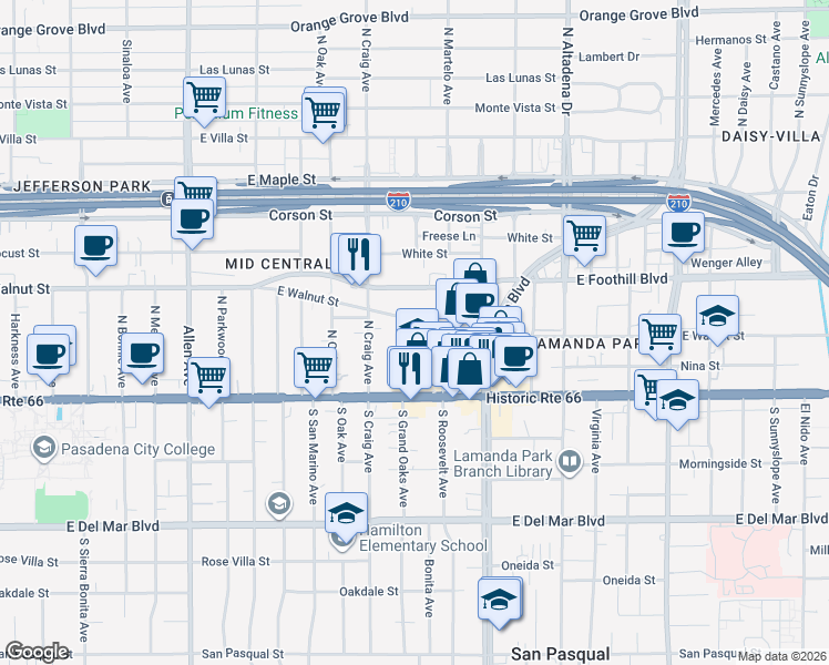 map of restaurants, bars, coffee shops, grocery stores, and more near 108 North Grand Oaks Avenue in Pasadena