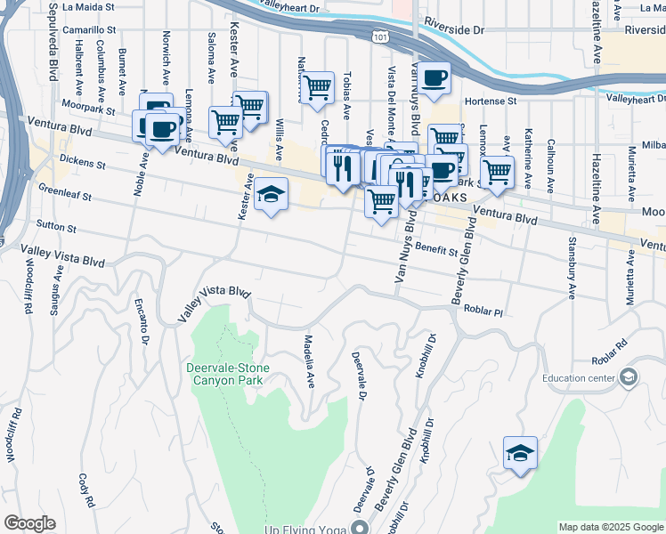 map of restaurants, bars, coffee shops, grocery stores, and more near 14571 Valley Vista Boulevard in Los Angeles