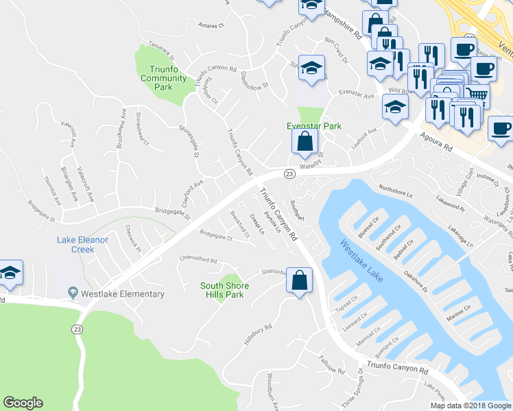 map of restaurants, bars, coffee shops, grocery stores, and more near 2130 Portola Lane in Westlake Village