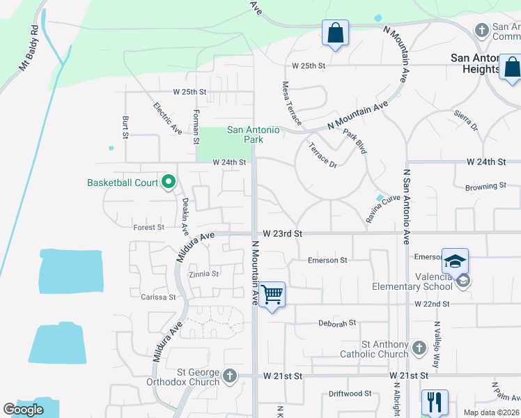 map of restaurants, bars, coffee shops, grocery stores, and more near 1215 Mallorca Street in Upland
