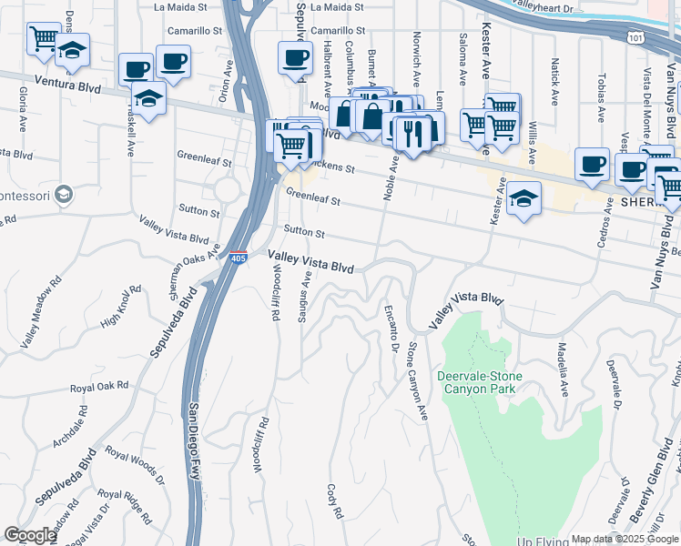 map of restaurants, bars, coffee shops, grocery stores, and more near 15204 Valley Vista Boulevard in Los Angeles