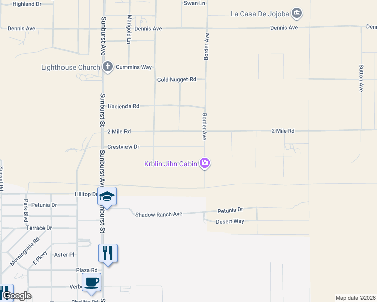 map of restaurants, bars, coffee shops, grocery stores, and more near 62455 Crestview Drive in Joshua Tree